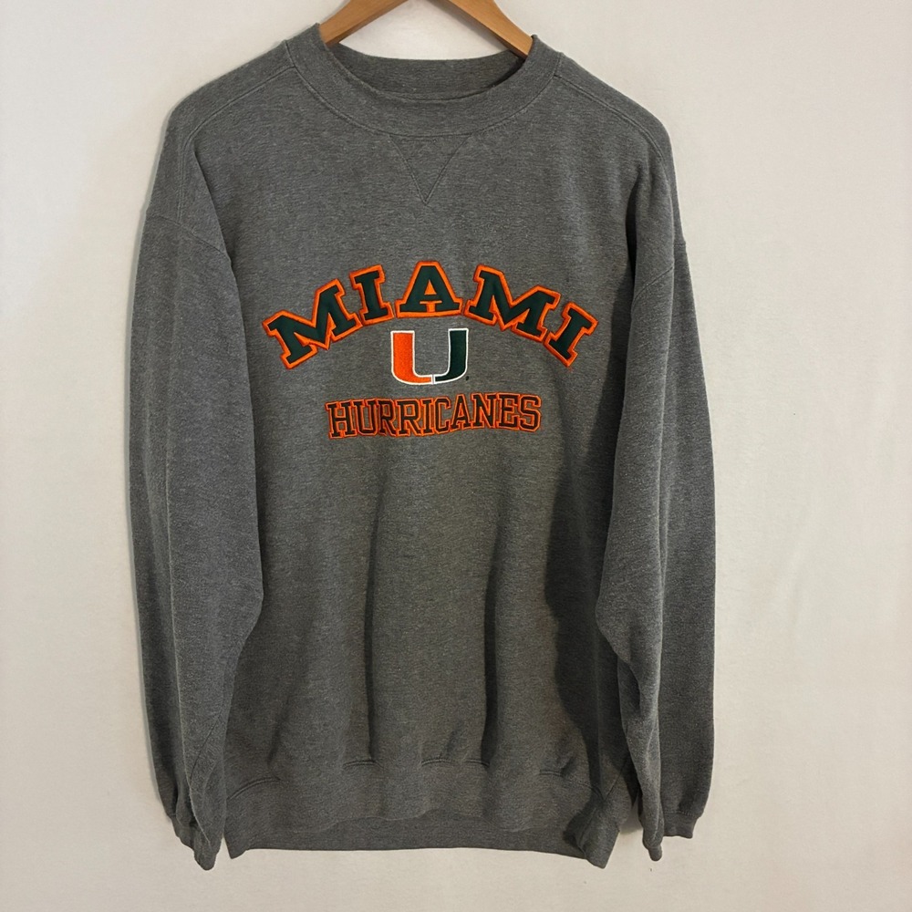 Vtg Miami Hurricanes Varsity Sweatshirt Mens L Gray Embroidered Crewneck Preppy